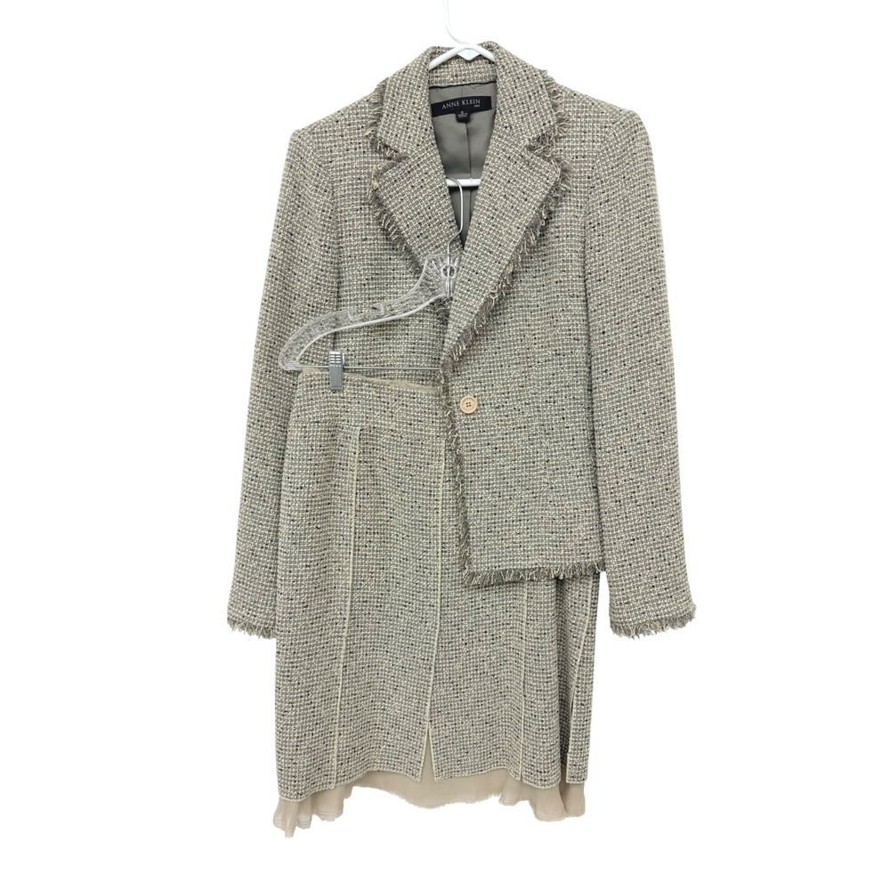 Anne Klein Tweed Fringed Skirt Suit Professional Career Women 6 Tan